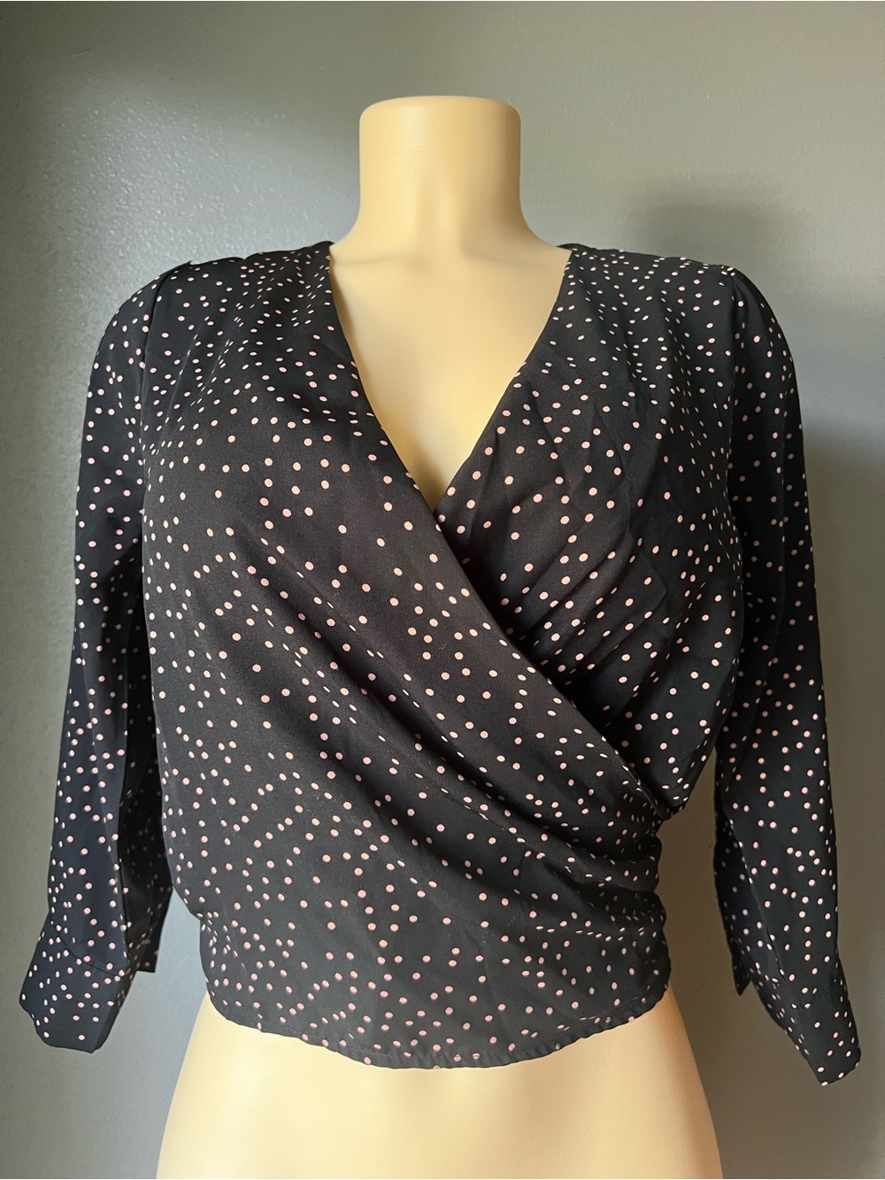 FAVLUX Black Wrap Blouse with Light Pink Polka Dots